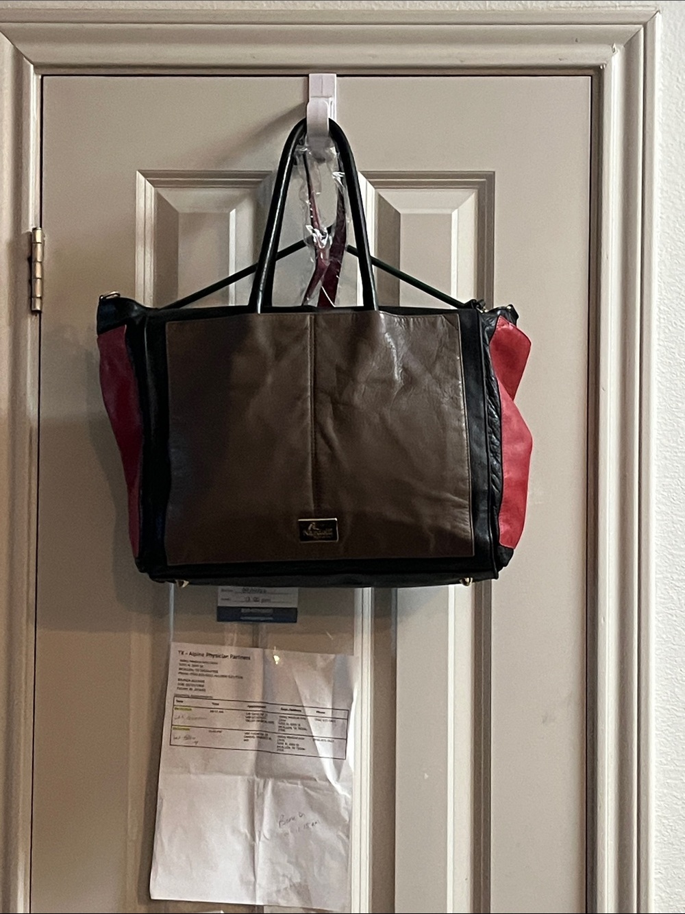 New without tag Two-Tone Brown and Red Leather Tote made in Italy
